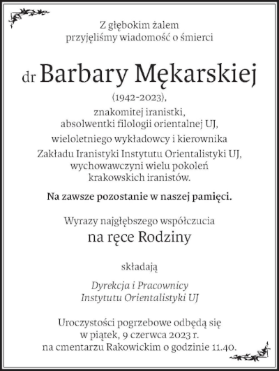 dr Barbara Mękarska - nekrolog